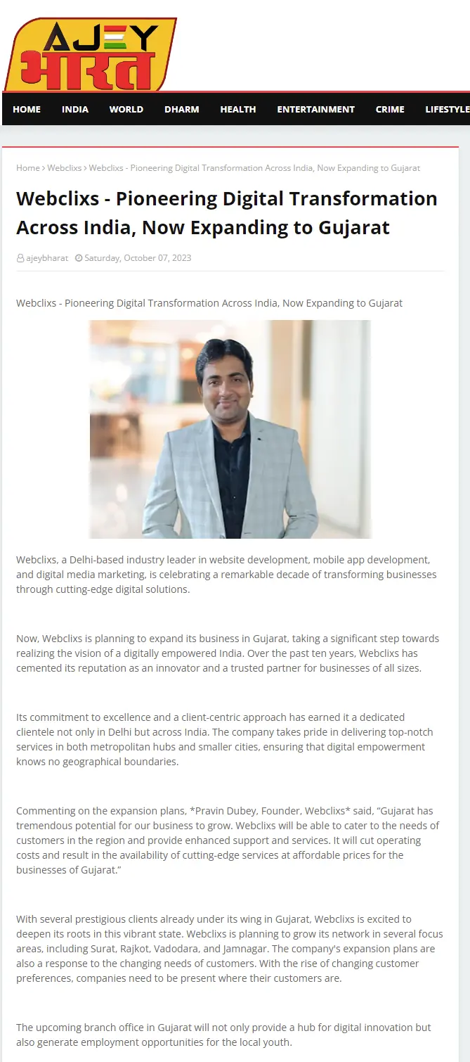 Ajey Bharat news portal article on WebClixs